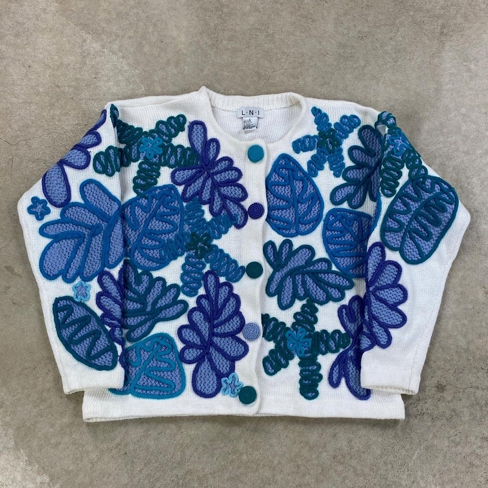 Vintage 90s LNI Flower Cardigan Sweater Womens Small White Blue Floral Knit